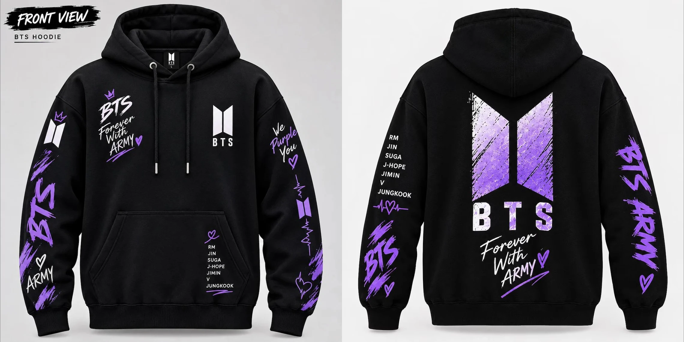 2026 BTS Doppelseitiger Hoodie Lila Graffiti-Logo Mitgliedernamen Ärmel-Print Kpop ARMY Fans Damen- und Herren-Pullover-Sweatshirt – Detail 6