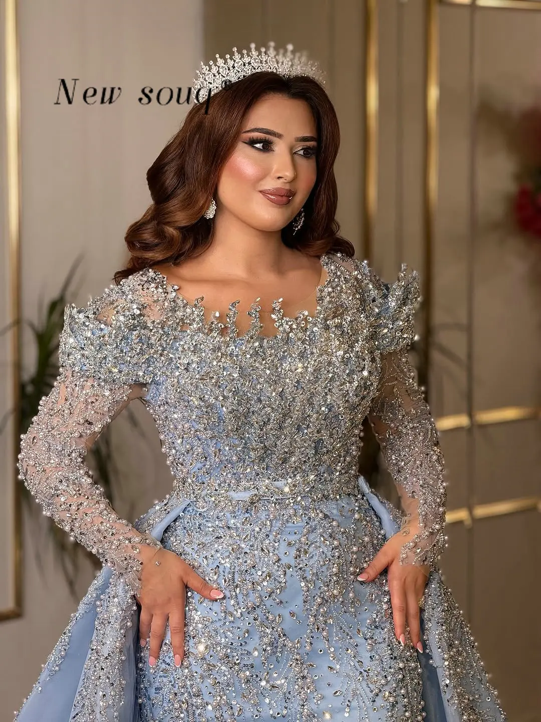 

Голубые мусульманские вечерние платья из двух частей с длинными рукавами, свадебные вечерние платья по индивидуальному заказу, арабские кристаллы, жемчуг, бисерные вечерние платья для невесты