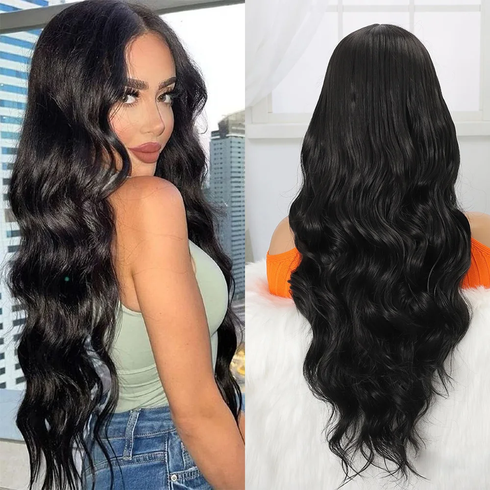 

Long Black Wavy Synthetic Wig Blonde Burgundy Lace Front Wigs with Baby Hair Glueless Pre Plucked Hairline Wig for Cosplay Party