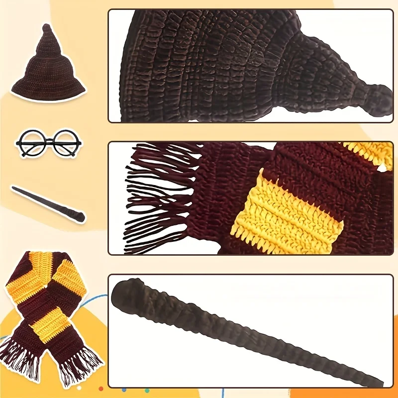 1 Set Cute Wizard Newborn Photography Props  Mixed Color Knitting Hat Scarf and Magic Wand Set for Infant Shooting Accessories view 4