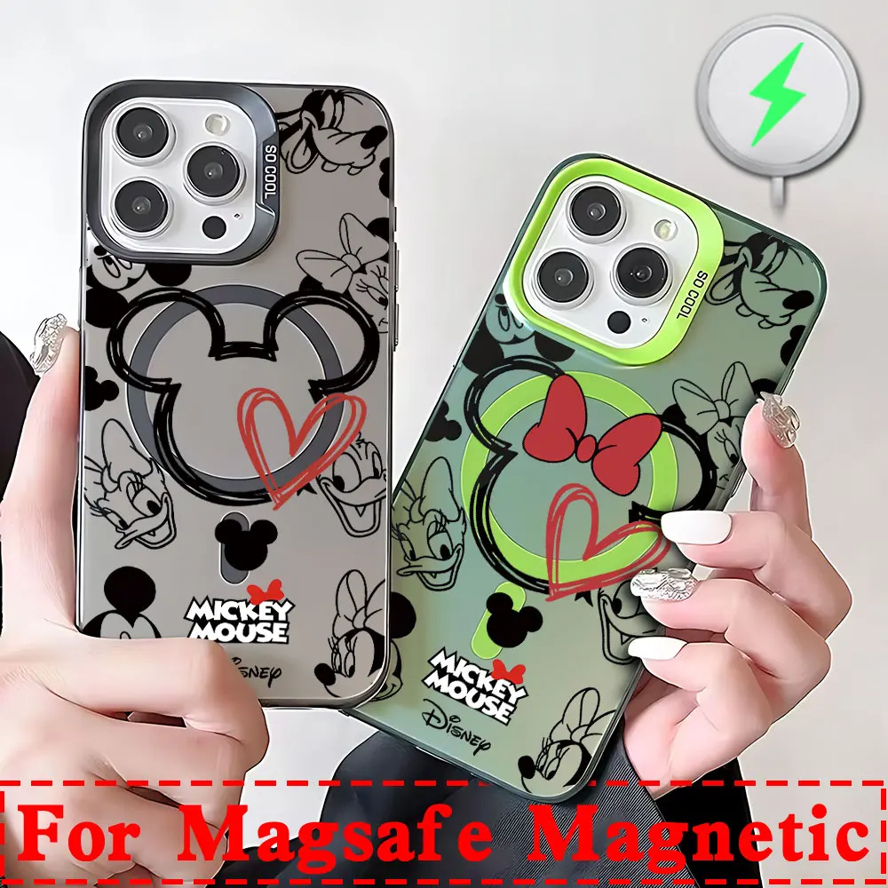 Fashion Mickey Minnie Magsafe Magnetic Case for iPhone 11 12 13 14 15 16 Pro Max Plus Soft Silver Plated Anti Fall Cover