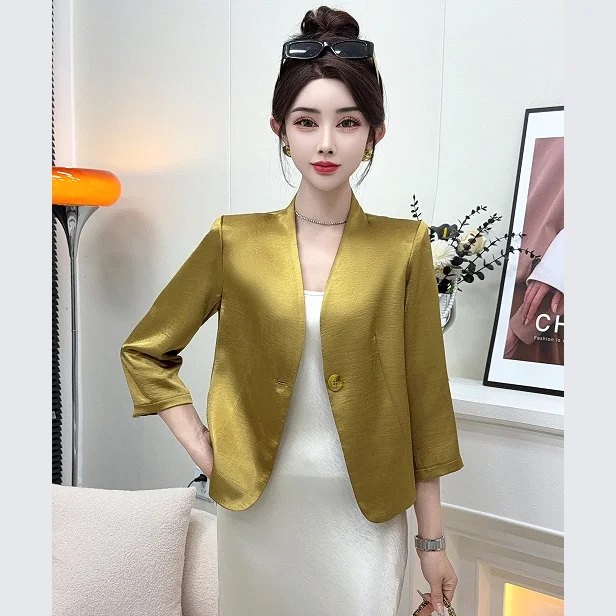 Insozkdg Letnia marynarka garniturowa Moda Prosta Ekskluzywna Błyszcząca Satynowa Krótka Marynarka Damska Odzież Dopasowana Jednolita Kolorowa Blezer Damski Top