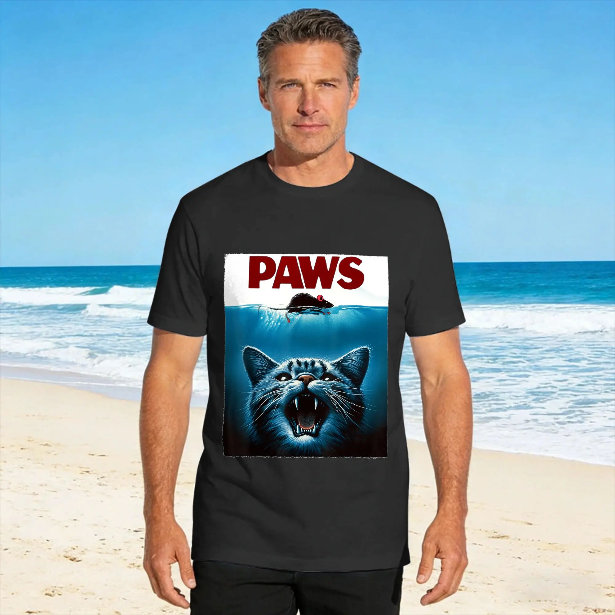 Paws Cat and Mouse Parody Funny Cat T Shirt Men  Aesthetic T-Shirts Summer Round Neck Hip Hop Tee Shirt Printed Plus Size Tees