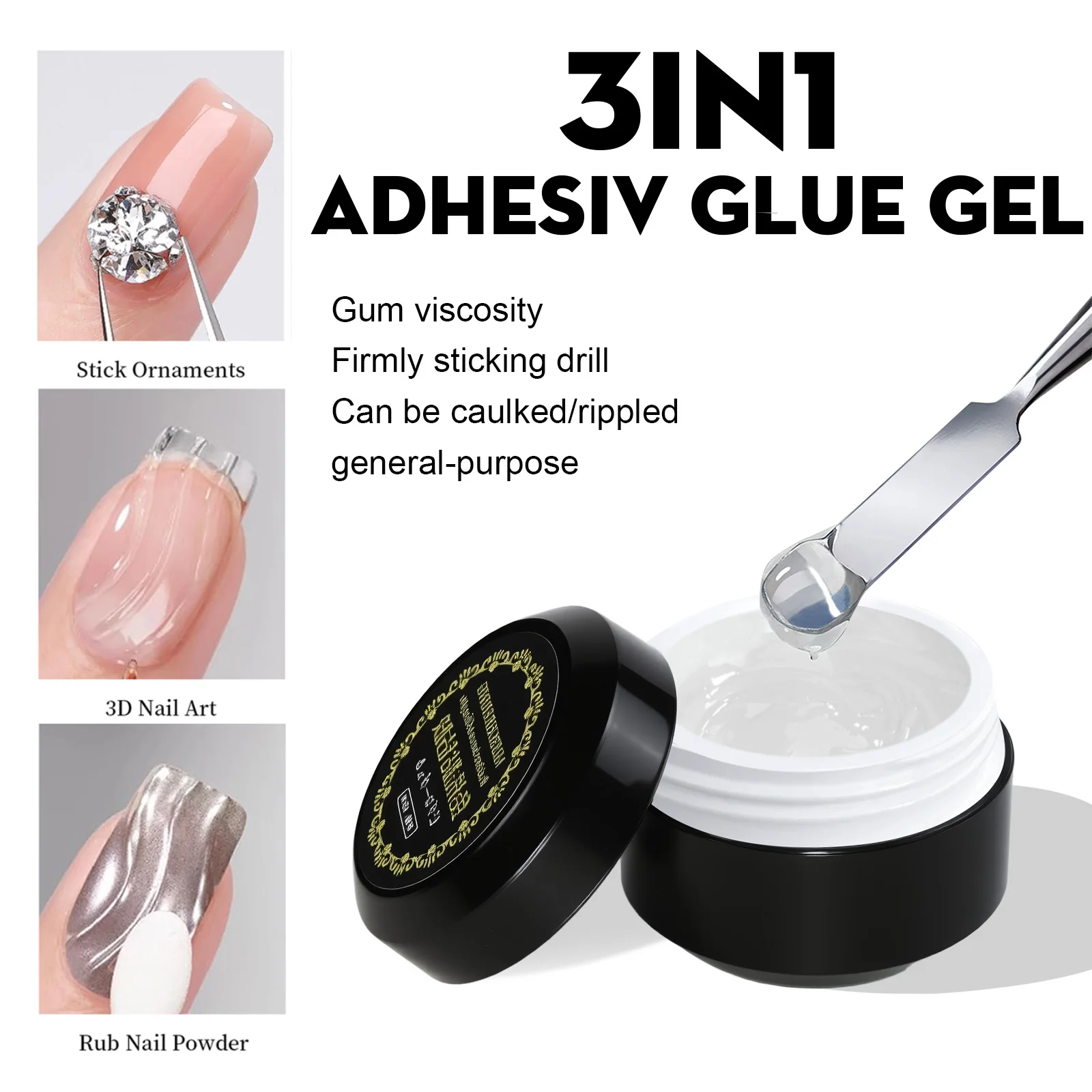 3In1 Rhinestones กาวเจล No Wipe Top Coat Nail Art Soak Off UV GEL เคลือบเงา 3D Chrome Design เพชรโปร่งใสกาวเจล
