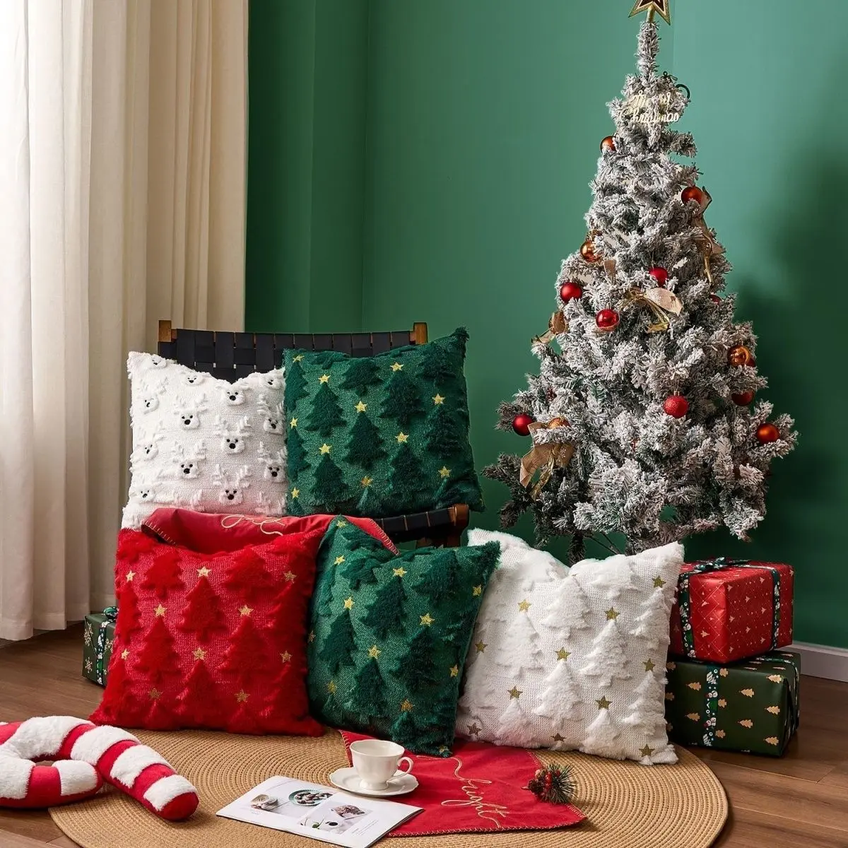 Top selling Christmas tree pillow cover with embroidered five pointed star design, sofa cushion, home cushion, pillowcase print