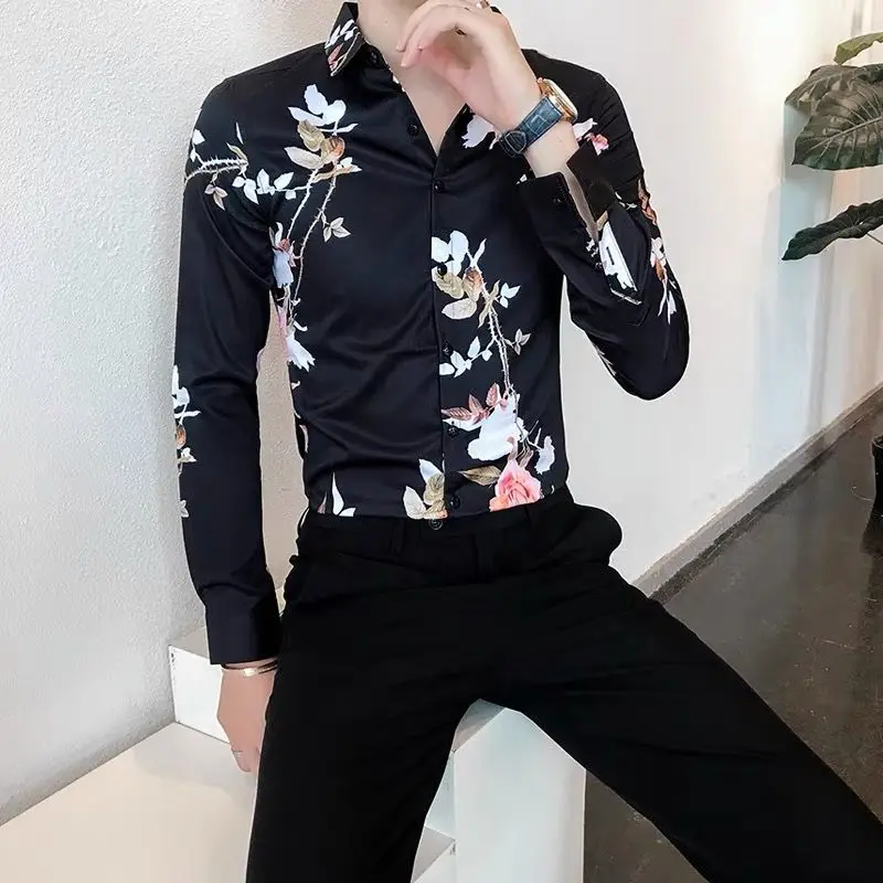 Men's Shirt Graphic Black Floral Colourful Male Shirts Aesthetic Designer Cheap Things with Comfortable Collar Social Brand I