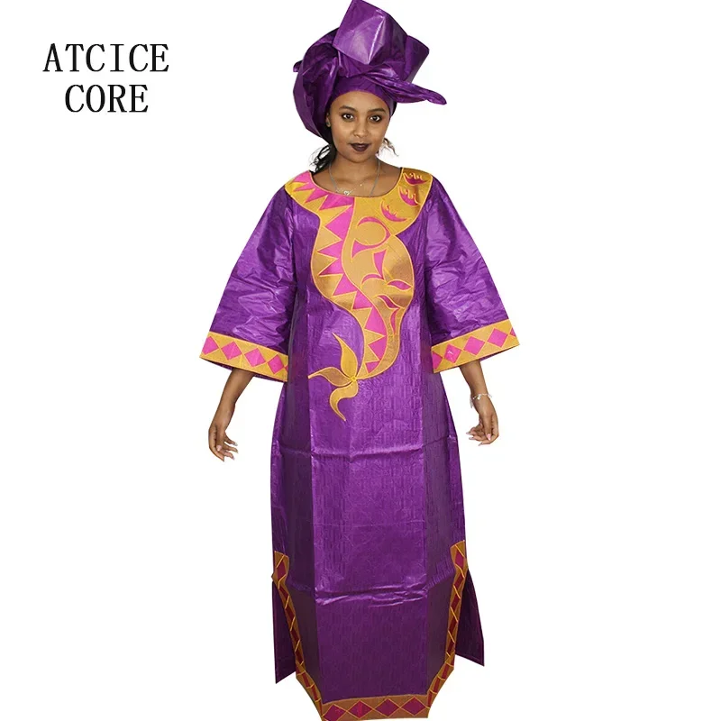 African Dress For Woman Bazin Riche Embroidery Long Dress With Scarf 3/4 Sleeve