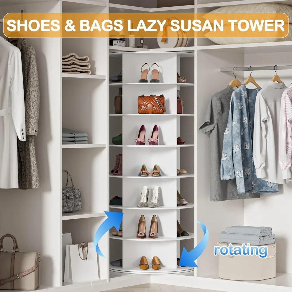 Rotating Shoe Rack Tower 7 Tier Organizer, Vertical Spinning Shoe Display Lazy Susan, Revolving 360 White Shoe Rack