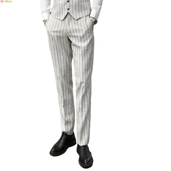 Off-White Men's Striped Trousers, Fashion Slim Suit Pants, Office Casual Plaid Pant, Asian Size 29-38, Gray,Black,Dark Blue