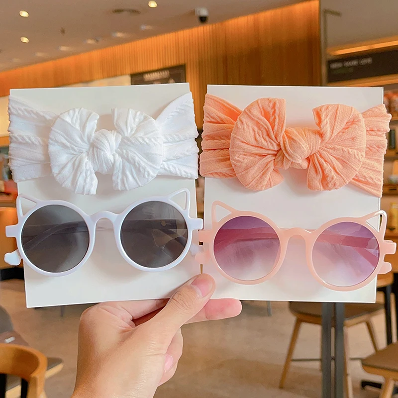 2 Pcs/Set New Children Cute Colorful Soft Bowknot Wide Hairbands Cat Ears Sunglasses Boys Girls Headwear Kids Hair Accessories