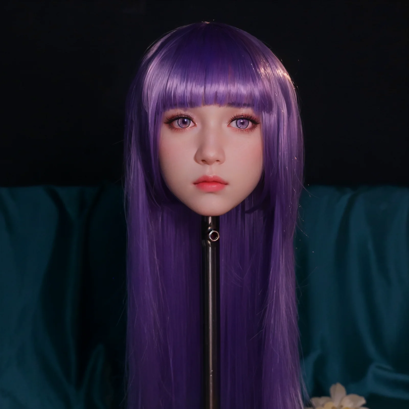 Adult cosmetics and jewelry showcases model heads, male adult toys, special mouth channels - including matching wigs and colored