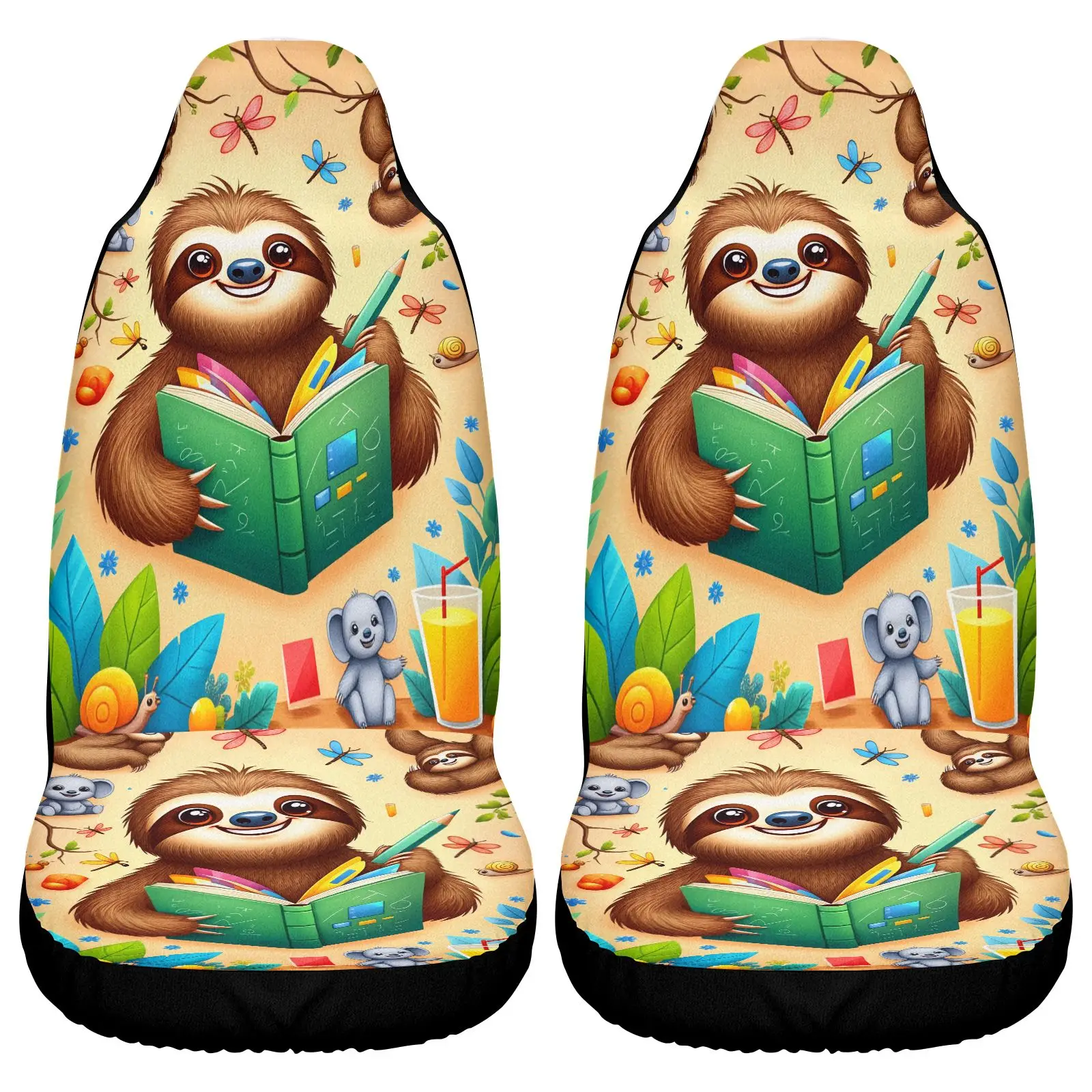Car Seat Covers Beige Sloth Reading Book And Animals Print | Non- Polyester Fabric, Universal Fit For Car Interior Decoration