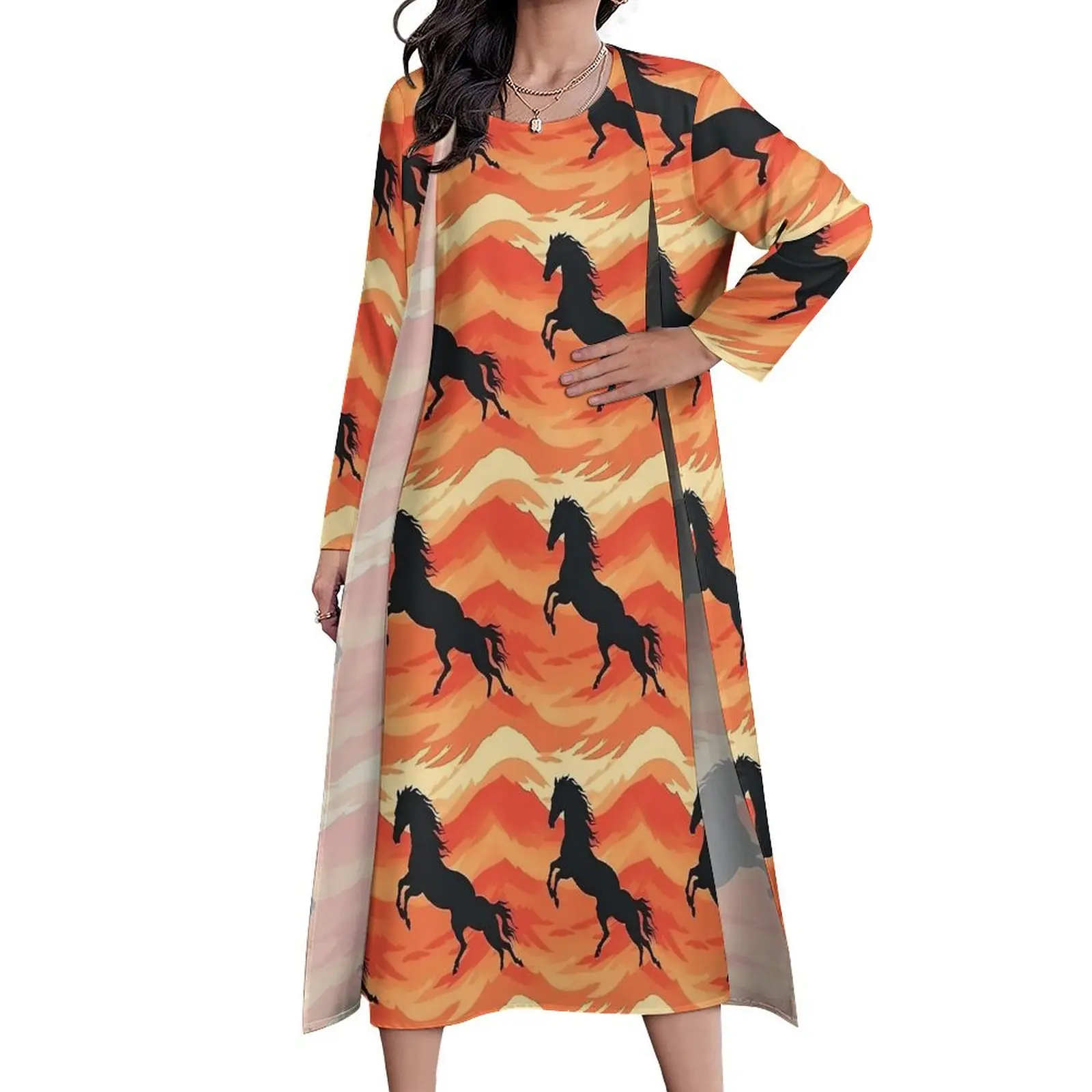 Fire Horse Dress Retro Horse Love Elegant Maxi Dress Two-Piece Graphic Bohemia Long Dresses Street Wear Oversized Clothes