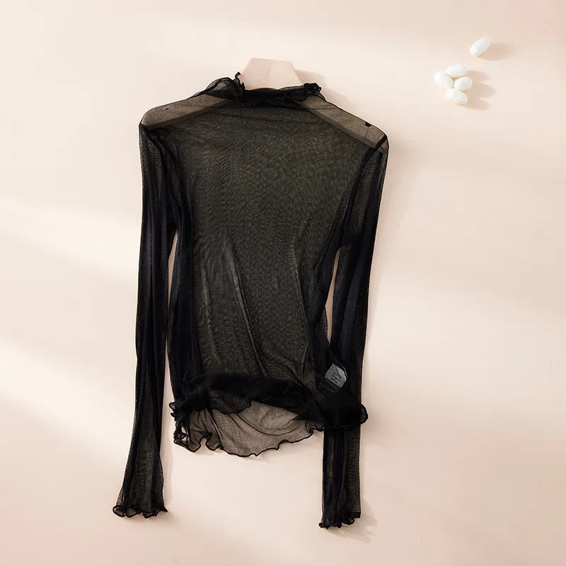 100% Mulberry Silk Slightly Transparent Semi-turtleneck Mesh Sunscreen Shirt for Women