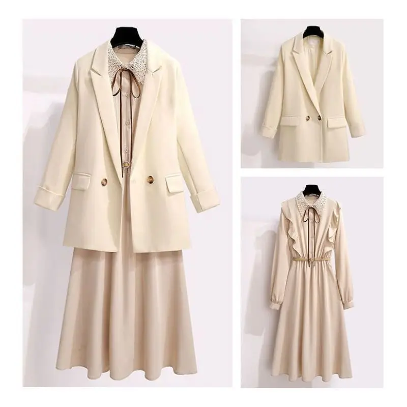 Spring Autumn Fashion Outfits 2023 Korean Long Sleeved Loose Blazer Elegant Sweet Ruffled Dress Two Piece Set For Women