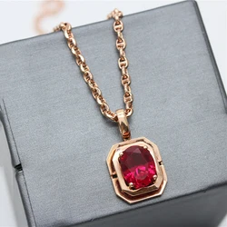 585 Purple Gold Pendant Plated with 14K Rose Gold Inlaid Square Red Gem Necklace Elegant clavicle chain Wedding Jewelry