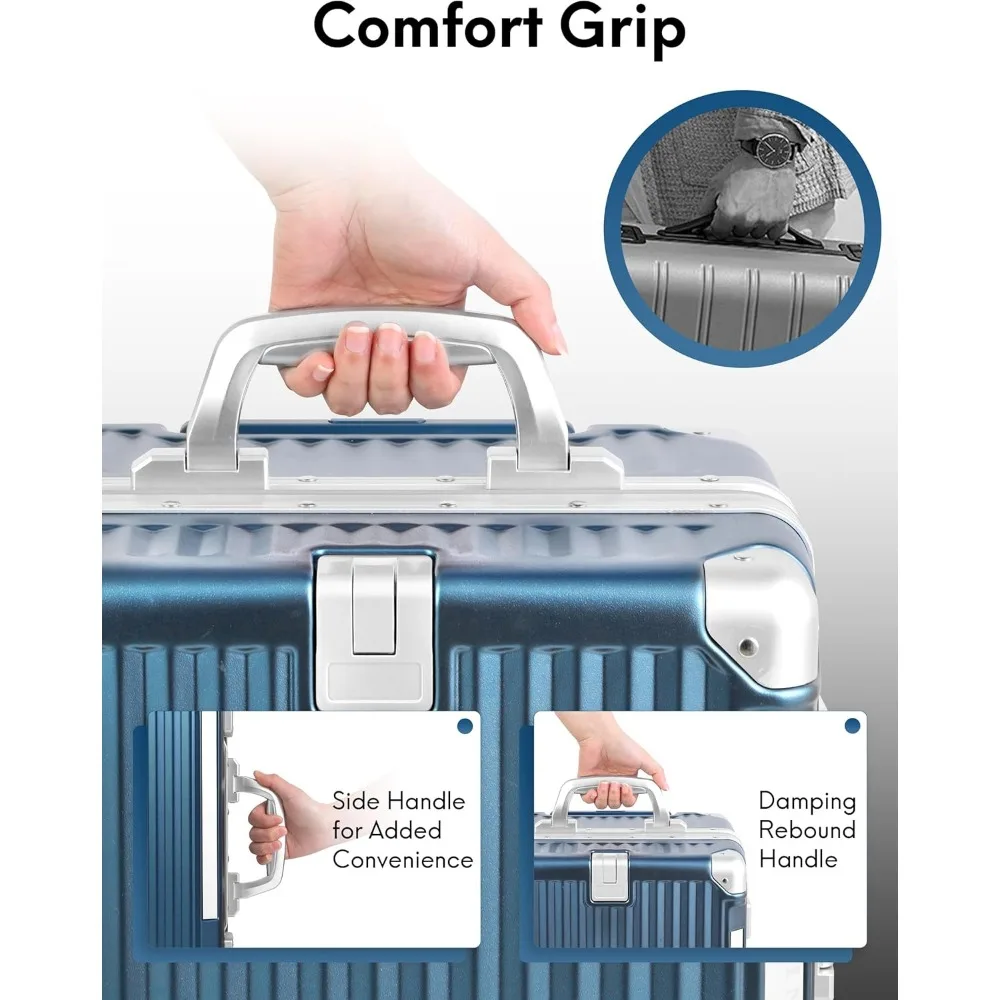 Gorgeous Gem-Blue 3/7 Split Opening Zipperless Aluminum Frame Suitcase, Higher Volume 22x14x9, Airline Approved Carry-On Luggage