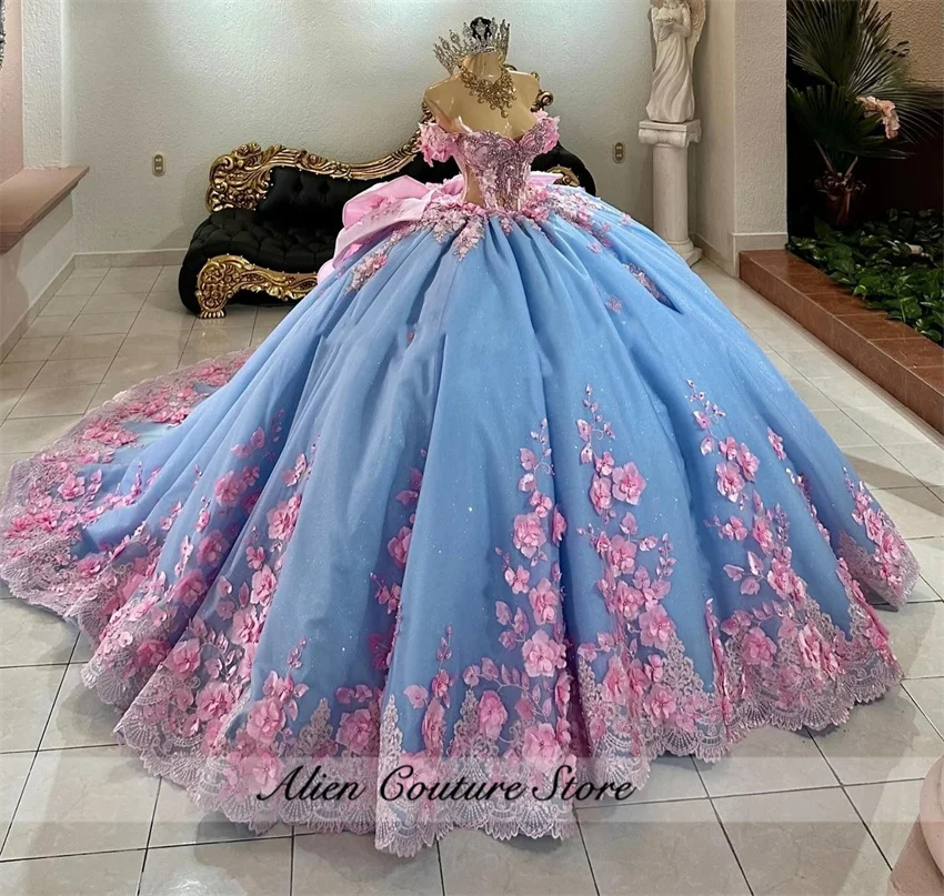 Vestido De quinceañera De princesa con flores azules De lujo, cuentas De cristal, apliques De flores 3D, Vestido dulce 16, Vestido De 15 Años personalizado