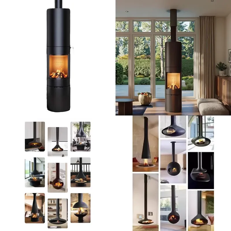 for High-end Custom Cylindrical Wall Mounted Fireplace Carbon Steel Structure Indoor Real Fire Smokeless Wood Heating