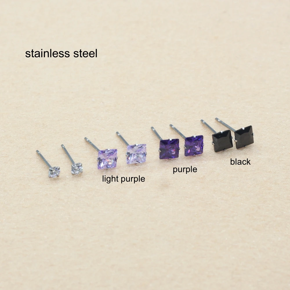 Stainless Steel Stud Earrings With 5mm AAA Purple Black Square Zircons Brief Style For Men Women