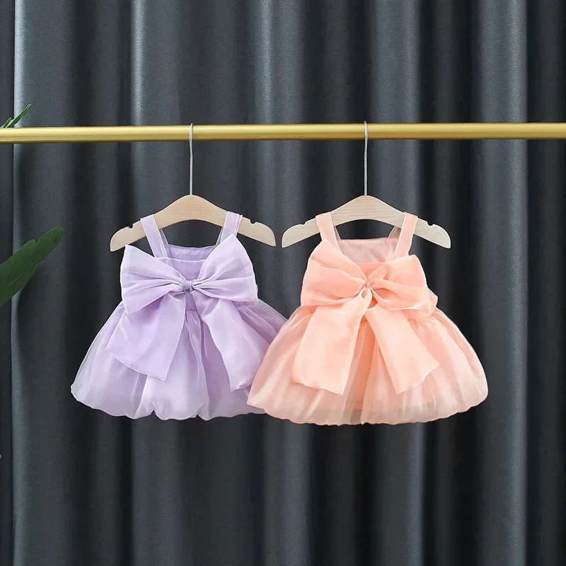 Girls Summer New Solid Color Mesh Bow Strap Dress Girl Baby Fluffy Dress Newborn Princess Dress