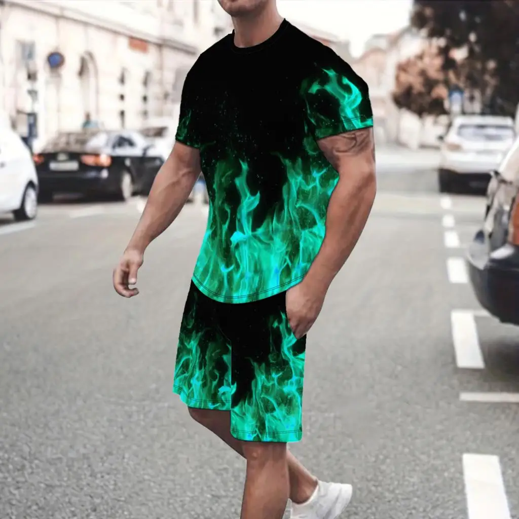 2024 Summer New Casual Men's Short Sleeve Set, Two Piece T-shirt+Shorts Fire Water Pattern Men's Street Wear, Set, S-2XL