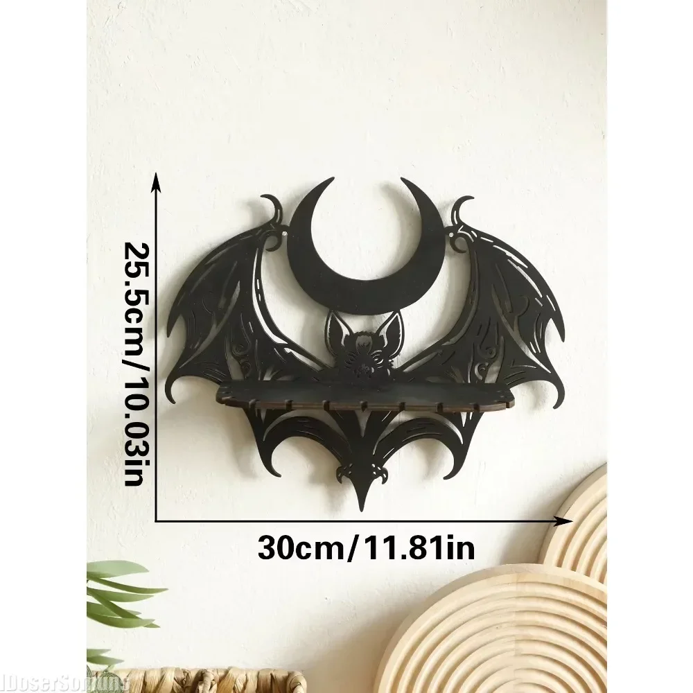 Black Wooden Wall Shelf Gothic Bat Moon Hollow Pattern Floating Shelf Halloween Crystal Holder Goth Home Decor Witch Room Decor