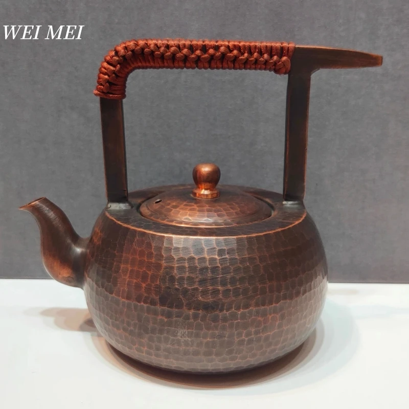 

Винтажный чайник из чистой меди, походный кофе для заваривания 500 мл, текстура молотка с тканой ручкой, уникальная форма, креативные подарки, горшок, посуда