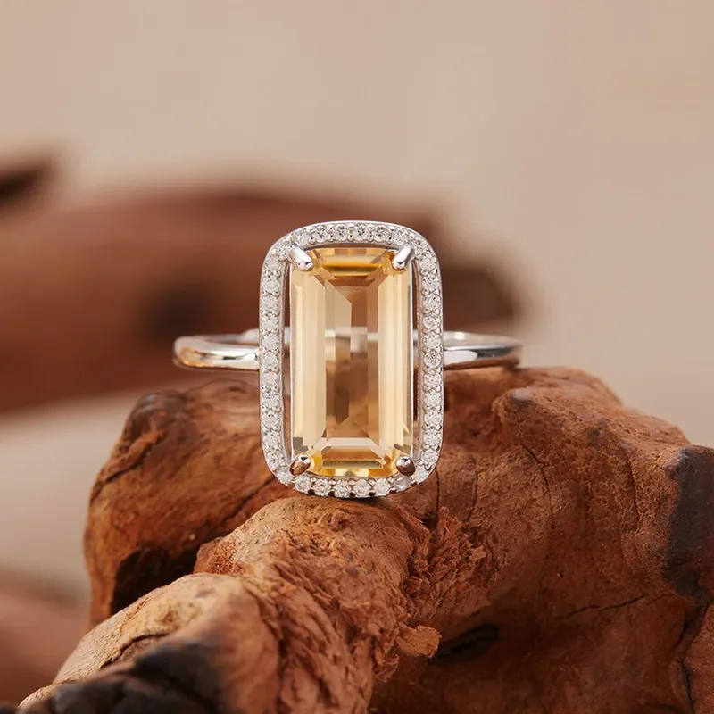 Rectangle natural citrine amethyst ring women's s925 sterling silver colored treasure ring live broadcast new jewelry