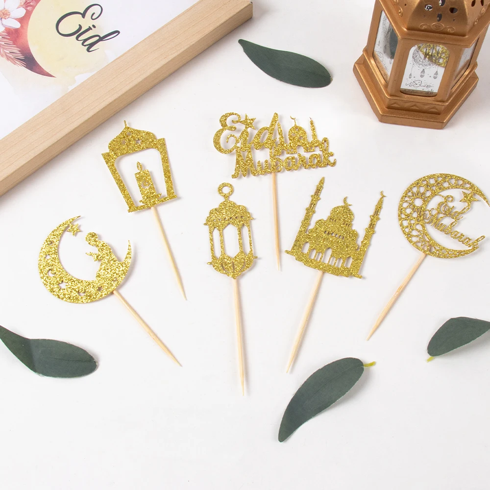 12/24pcs Glitter Gold Eid Mubarak Cupcake Toppers Moon Star Ramadan Kareem Cake Decor Islamic Muslim Party Baking Cake Supplies