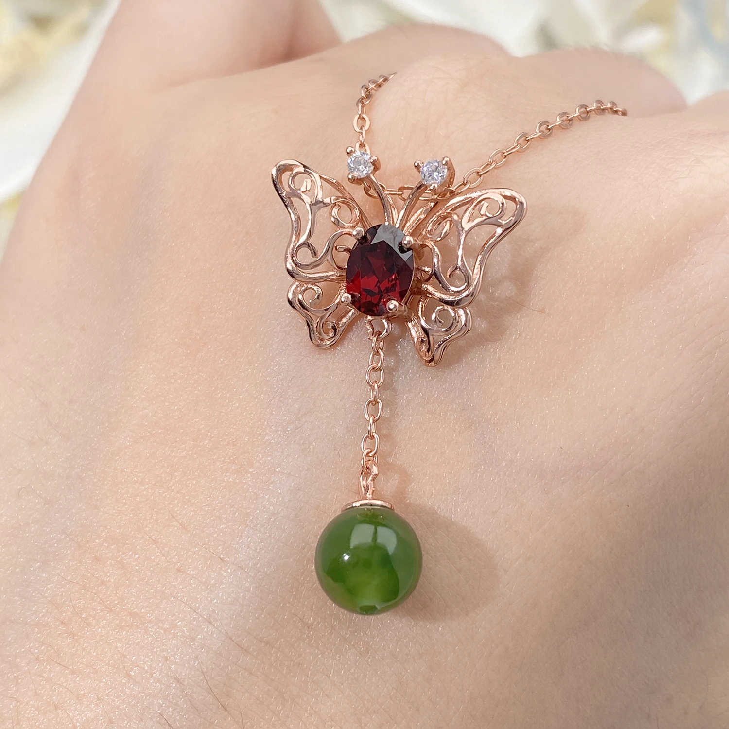 YBO Hollow Out Butterfly Pendants Natural Gemstone Amethyst Peridot Garnet Jasper Necklaces 925 Sterling Silver Clavicle Chains