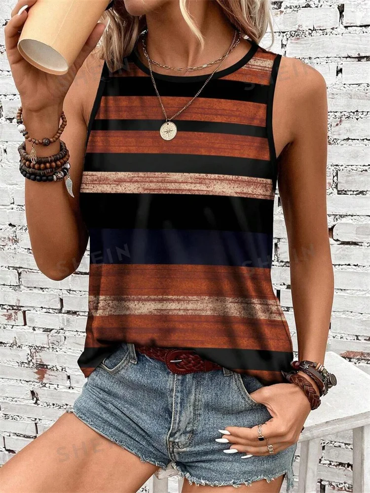 Vintage Striped Print Women's Tank Top Summer Casual Women's Elegant Crew Neck Tank Top Street Fashion Women's Sleeveless Top