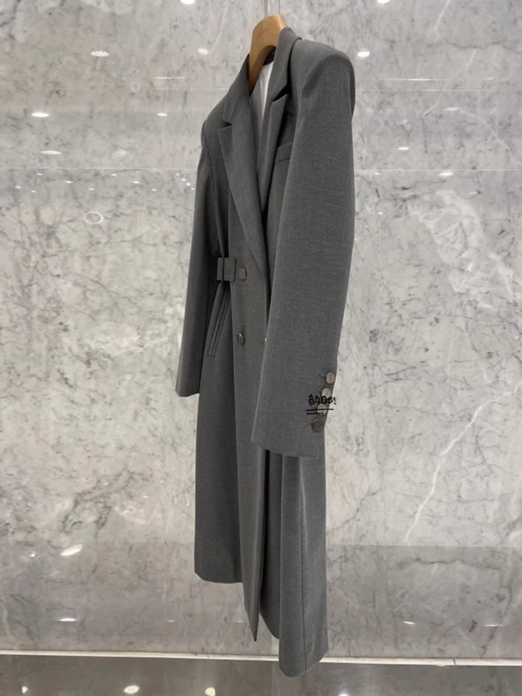 LANMREM Long Blazer Coat Women Notched Collar Double Breasted Gathered Waist Gray Color Fashion Clothes 2024 Autumn New 2DA5304