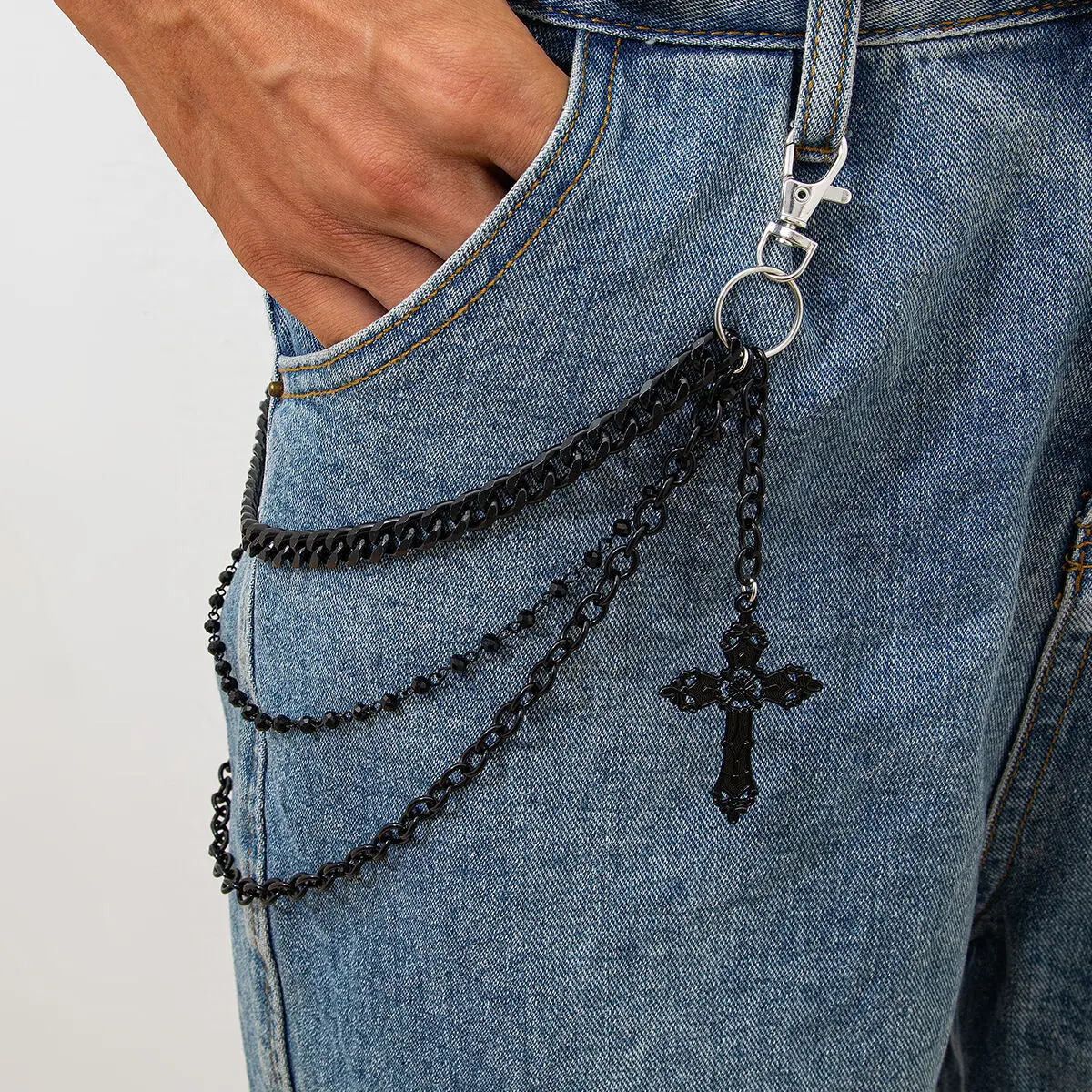 

KunJoe Hip Hop Jesus Cross Pendant Lobster Clasps Keychain Men Personalized Multilayer Metal Chain Jeans Chain Key Chain Jewelry