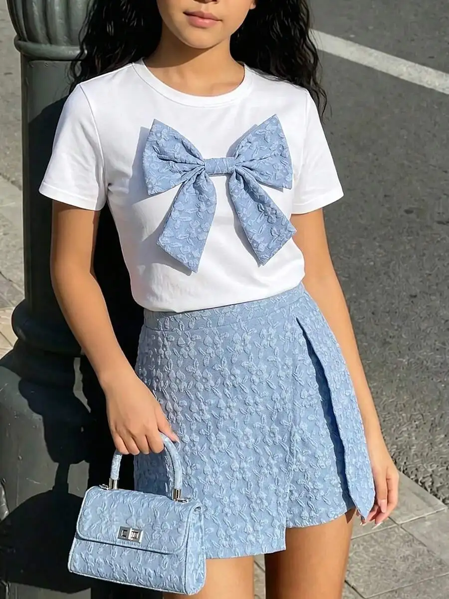 

White Bowknot Top And Blue Floral Skort 2-Piece Set Summer Casual Outfit