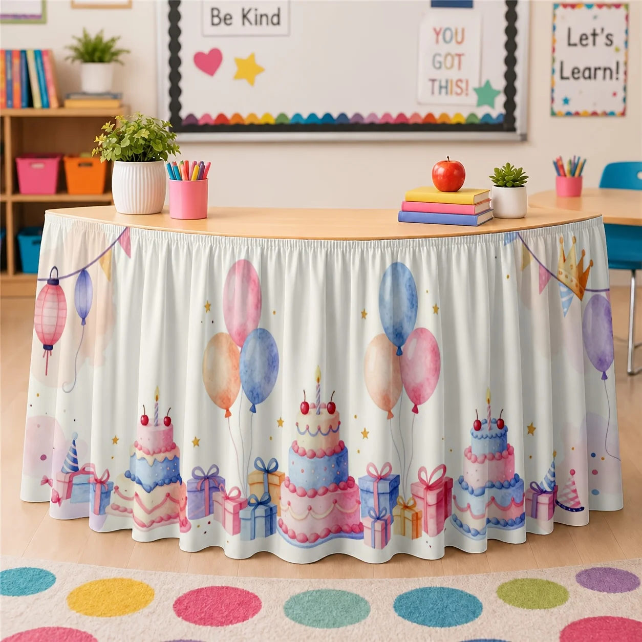 One table skirt. Birthday celebration table skirt. Printed polyester, colorful festival style, whimsical watercolor effect.