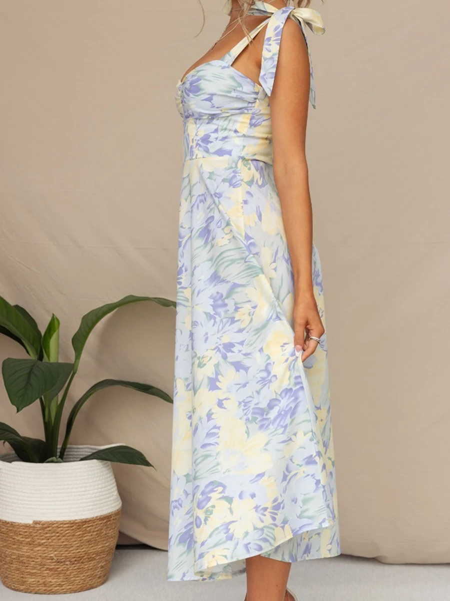 Robe longue dos nu découpée pour femmes, imprimé floral, bretelles spaghetti, coupe basse, fendue, batterie, élégante, robes de soirée, sexy, Y2K
