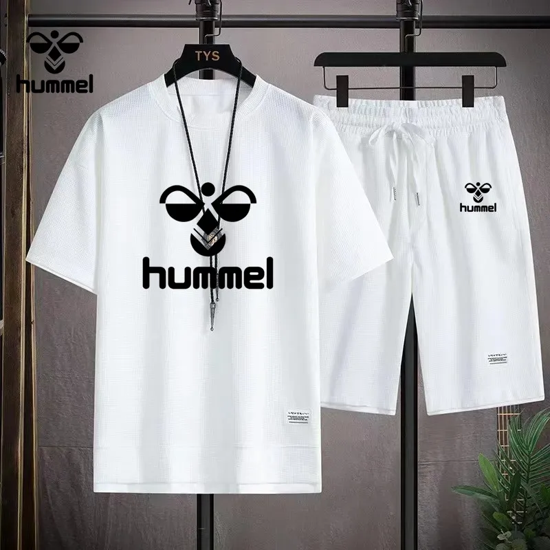 2024 New Summer Luxury Brand HUMMEL Short Sleeve Luxury Sportswear Men\'s Fitness Fashion Casual T-shirt + Shorts 2 Sets