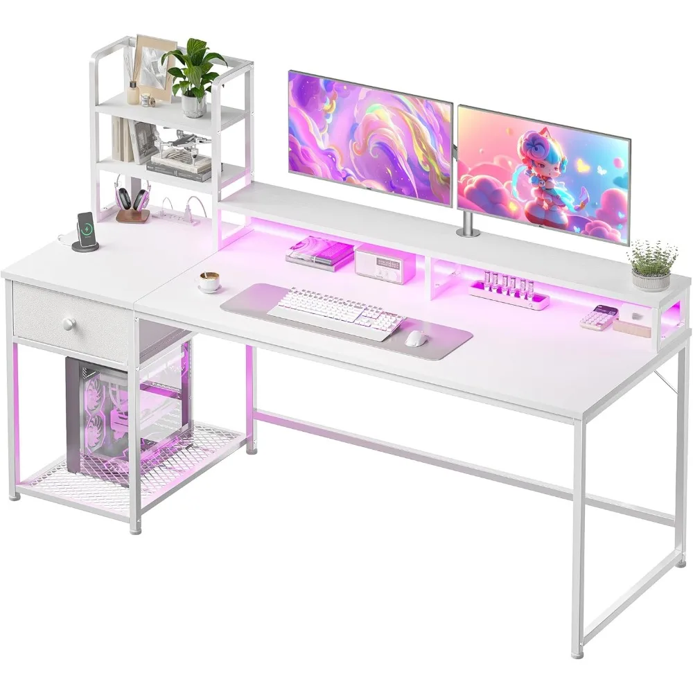 

55" Computer Desk with LED Lights, Gaming Desk with Drawers, Home Office Desks with Power Outlets and Storage, Office Desks wit
