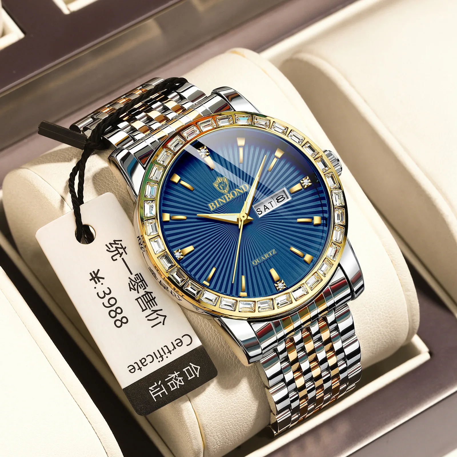 

Men's Watch Brand Business Fashion Diamond Inlaid Quartz Watch Calendar Week Waterproof Leisure Men's Wristwatch Clock