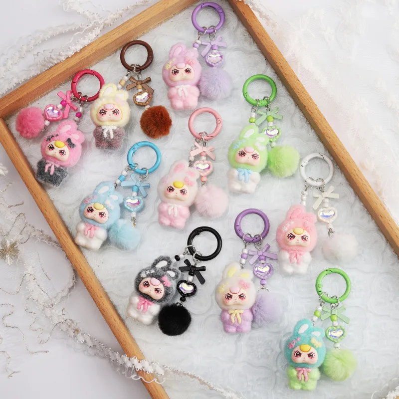Flocking Monchichi Keychains with Bow Cute Monchichi Keychain Pendant for Bags Anime Bags Charm Keyring Girls Bag Pendant Gifts