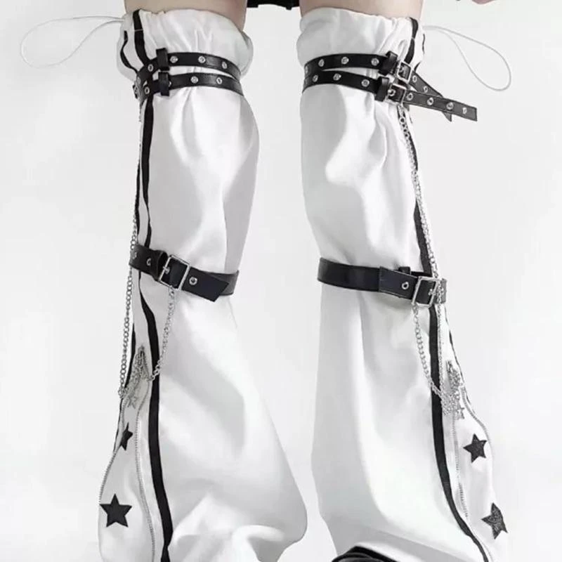 Aesthetic Fashion PU Harness Strap Leg Warmer Streetwear Harajuku Leg Cover Star Print Zippered Flared Long Leg Warmer 15UB