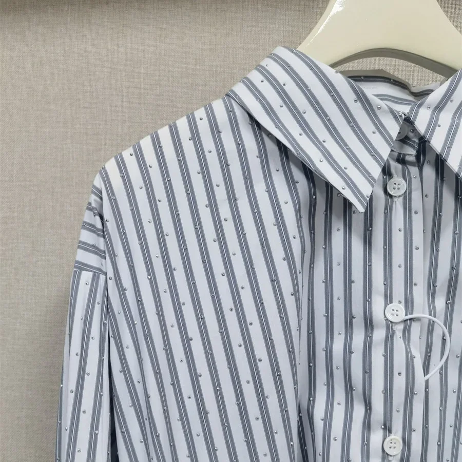 2025 Otoño e Invierno vestido camisero para mujer retales de diamantes a rayas Mini vestido elegante para mujer