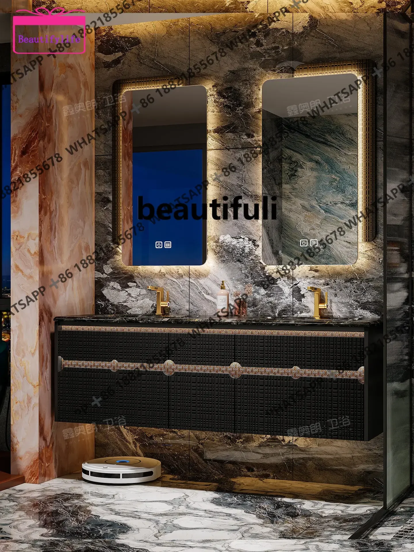 YL High-end Italian light luxury double basin bathroom cabinet combination bathroom imported texture board washstand
