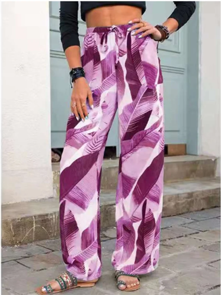 GELITAYIN Feather Printed Lace Up Pants Women's Wide Leg Pants Spring Autumn Straight Leg Trousers