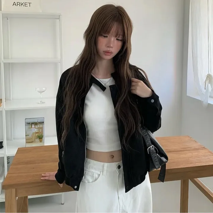 Autumn Winter Women's Motorcycle Jacket Zipper Stand Collar Retro Style Short Outerwear Fashionable Versatile Female Clothing