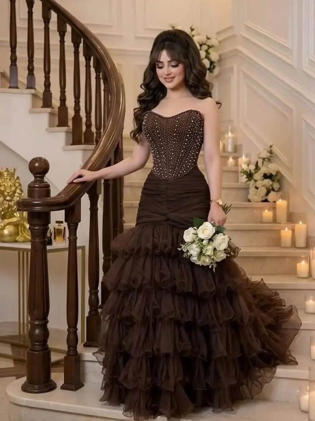 

Brown Mermaid Crystal Prom Dresses Long for Women 2026 V Neck Diamond Tiered Ruffle Formal Evening Gowns Customzied