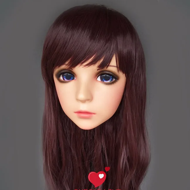 (Feng-3)Female Sweet Girl Resin Half Head Kigurumi BJD Eyes Crossdress Cosplay Japanese Anime Role Lolita Mask With Eyes And Wig