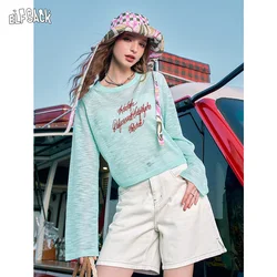 ELFSACK 2024 Summer New Arrivals Letter embroidery knitted sweater for women, loose and breathable long sleeved hooded top