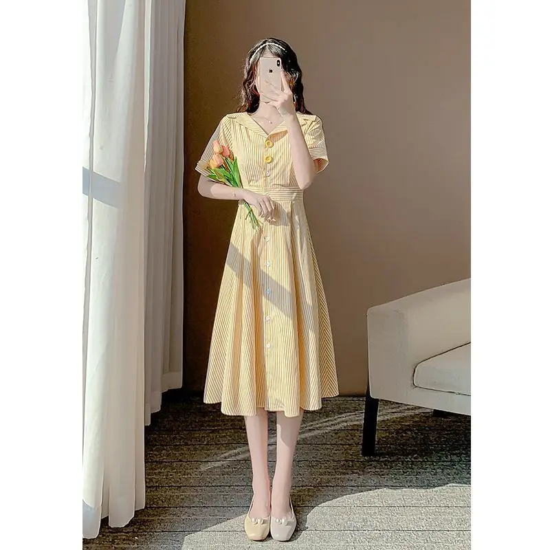 

Leisure Sweet Tea Break Temperament Dress for Women 2023 Summer New Style Fashion Waist Stripe Yellow Shirt A-line Dresses